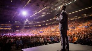 Jehovah's Witnesses Convention Exercise Patience interior of Birmingham NEC arena 2023, stage with man in suit standing in front of a rostrum with a microphone in front of him, welcoming speech to attending delegate's