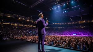 Jehovah's Witnesses Convention Exercise Patience interior of Birmingham NEC arena 2023, stage with man in suit standing in front of a rostrum with a microphone in front of him, welcoming speech to attending delegate's