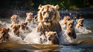 Lions and tiger cubs playing together in peace splashing through water, whilst adult lions and Tigers and bears look on.