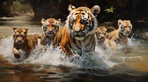 Lions and tiger cubs playing together in peace splashing through water, whilst adult lions and Tigers and bears look on.