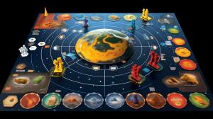 Create a Board Game layout with Earth's  Solar System as it theme with small comet and asteroids that you work together as  a team to return to The Great Scot Mothership of Da Rescuerz  from the year 2044.