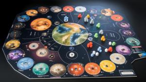 Create a Board Game layout with Earth's  Solar System as it theme with small comet and asteroids that you work together as  a team to return to The Great Scot Mothership of Da Rescuerz  from the year 2044.