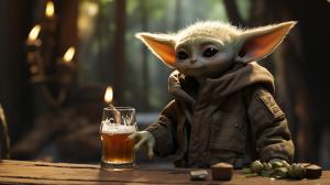 Baby yoda smoking and drinking beer