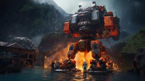 Da Rescuer's prototype Mech suit with Rachet from the transformers and Marty McFly controlling Mech Suit from inside, rescuing some stranded traveller's, from a island in the Middle of a Volcanic lake on the home world Telstar 4.