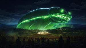 The Great Scot Da Rescuerz Mothership glowing bright green to protect humanity, from giant Anaconda Snake grasp. All humanity cheering that they have been rescued.