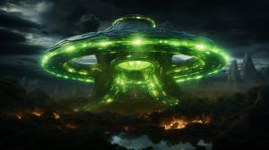 The Great Scot Da Rescuerz Mothership glowing bright green to protect humanity, from giant Anaconda Snake grasp. All humanity cheering that they have been rescued.