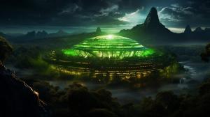 The Great Scot Da Rescuerz Mothership glowing bright green to protect humanity, from giant Anaconda Snake grasp. All humanity cheering that they have been rescued.