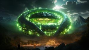 The Great Scot Da Rescuerz Mothership glowing bright green to protect humanity, from giant Anaconda Snake grasp. All humanity cheering that they have been rescued.