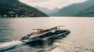 80 year old man and woman celebrating their Diamond Anniversary with family and friends on the shoreline of Lake garda in Northern Italy on a futuristic solar sailing Catamaran.