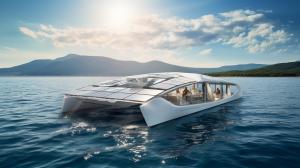 80 year old man and woman celebrating their Diamond Anniversary with family and friends on the shoreline of Lake garda in Northern Italy on a futuristic solar sailing Catamaran.