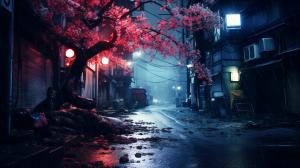 Tokyo abandoned street night blossom tree