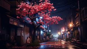 Tokyo abandoned street night blossom tree