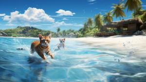 Wild cats playing chase in the water, parrots in the background in tropical trees, people walking on the beach happy and peaceful.