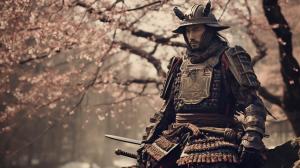 simon riley in japanese samurai armor under salkura trees on japanese land