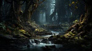 Beautiful dark and evil forest with waterfall