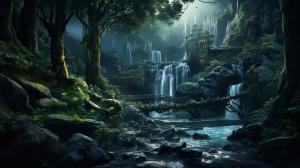 Beautiful dark and evil forest with waterfall