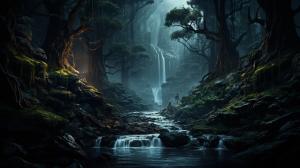 Beautiful dark and evil forest with waterfall