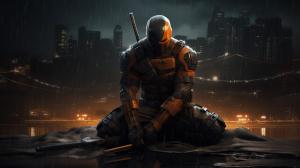 Deathstroke in dark rain city