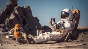 Astronaut chilling out sitting on a beach in Belgravia, drinking a mug of coffee through a straw through a hole in his helmet.