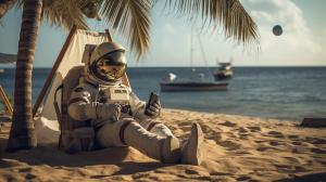 Astronaut chilling out sitting on a beach in Belgravia, drinking a mug of coffee through a straw through a hole in his helmet.