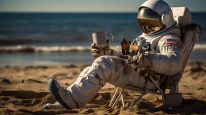 Astronaut chilling out sitting on a beach in Belgravia, drinking a mug of coffee through a straw through a hole in his helmet.