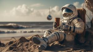 Astronaut chilling out sitting on a beach in Belgravia, drinking a mug of coffee through a straw through a hole in his helmet.