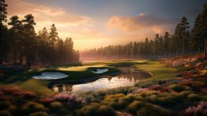 Wessi vs John par 3 augusta national golf course. Realistic, with a stream in the fairway, and a colorful sunset