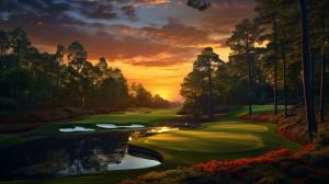 Wessi vs John par 3 augusta national golf course. Realistic, with a stream in the fairway, and a colorful sunset