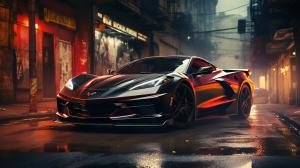 2030 Chevrolet corvette with an aggresive look doing a burnout in new york