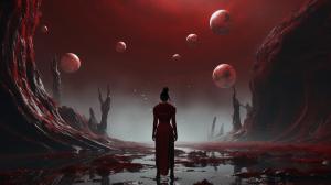 Red nava Avatar standing forward  Planets in the background. On a planet called Pandora.