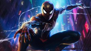 Spider-Man swinging through neon lights at night time