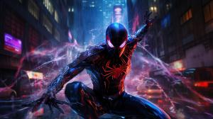 Spider-Man swinging through neon lights at night time