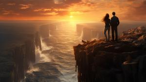 Boyfriend and girlfriend watching the world end on a cliff side