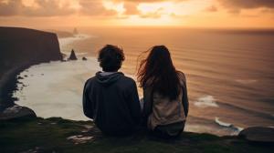 Boyfriend and girlfriend watching the world end on a cliff side