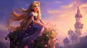 Rapunzel in her tower with stitch saving her