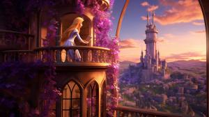 Rapunzel in her tower with stitch saving her