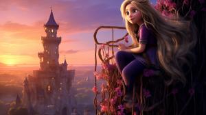 Rapunzel in her tower with stitch saving her