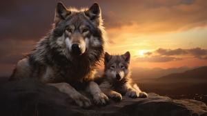 Wolf dad protecting cub at the end of the world