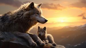 Wolf dad protecting cub at the end of the world