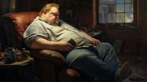 a very fat man that is playing xbox