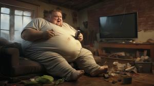 a very fat man that is playing xbox