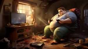 a very fat man that is playing xbox