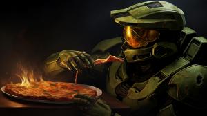 Master chief eating pizza