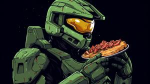 Master chief eating pizza