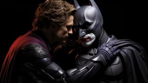 Black and purple background with batman and the joker kissing