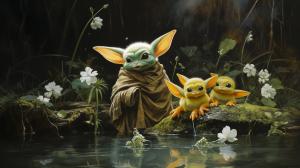 Bab yoda playing with ducklings