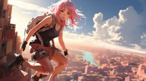 Anime Girl, Pink hair, doing parkour