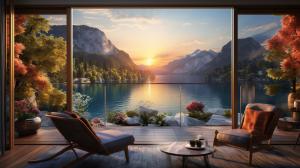 create a framed wall paper that looks like an open window onto a balcony overlooking beautiful lake at sunrise. mountains in the background with waterfall cascading into a clear lake, with eco friendly paddle steamer on clear lake.