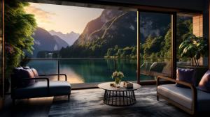 create a framed wall paper that looks like an open window onto a balcony overlooking beautiful lake at sunrise. mountains in the background with waterfall cascading into a clear lake, with eco friendly paddle steamer on clear lake.