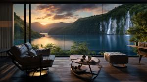 create a framed wall paper that looks like an open window onto a balcony overlooking beautiful lake at sunrise. mountains in the background with waterfall cascading into a clear lake, with eco friendly paddle steamer on clear lake.